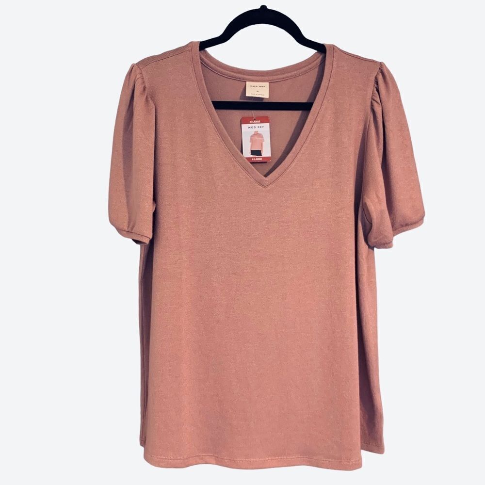 Mod Ref Women’s Contemporary V-Neck Puff Short Sleeve Mauve Blouse Size XL